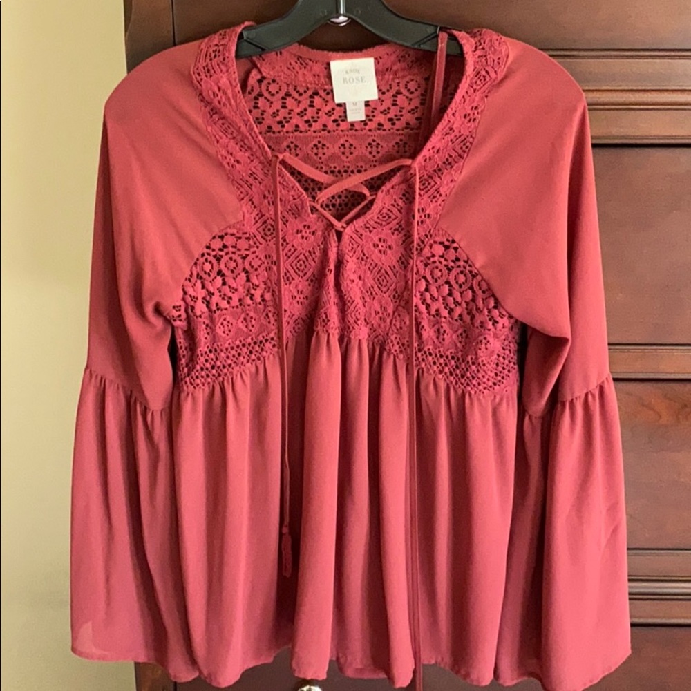 Knox Rose maroon blouse with tie front